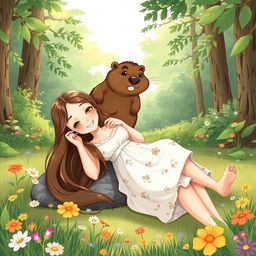 A playful and cute illustration featuring a beaver sitting on a beautiful young woman