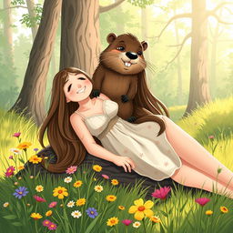 A playful and cute illustration featuring a beaver sitting on a beautiful young woman