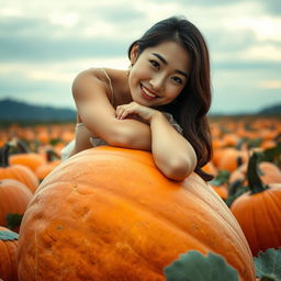 A beautiful Korean woman gracefully and attractively posing while sitting on a large pumpkin, facing the camera with a gentle smile