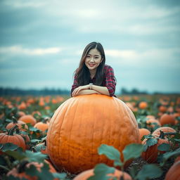 A beautiful Korean woman gracefully and attractively posing while sitting on a large pumpkin, facing the camera with a gentle smile