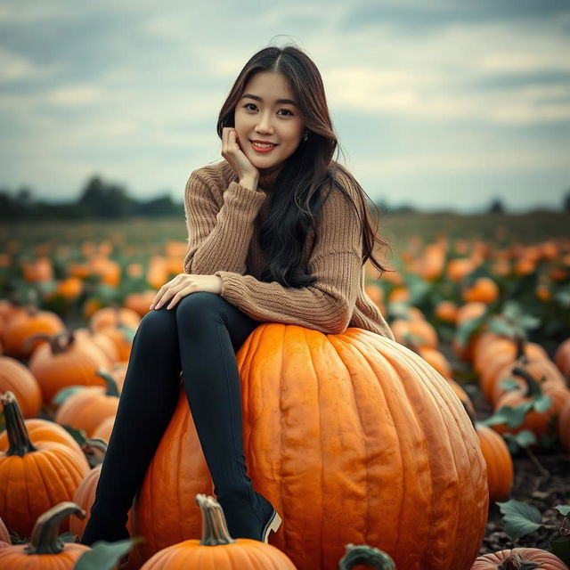 A beautiful Korean woman gracefully and attractively posing while sitting on a large pumpkin, facing the camera with a gentle smile