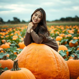 A beautiful Korean woman gracefully and attractively posing while sitting on a large pumpkin, facing the camera with a gentle smile