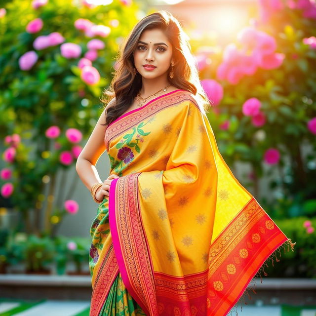 A young woman elegantly draped in a vibrant saree, showcasing intricate patterns and vivid colors