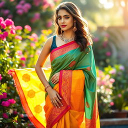 A young woman elegantly draped in a vibrant saree, showcasing intricate patterns and vivid colors