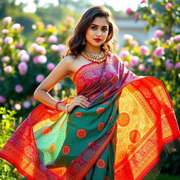 A young woman elegantly draped in a vibrant saree, showcasing intricate patterns and vivid colors