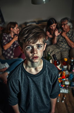 A high school boy standing in the foreground, looking distressed and overwhelmed, with a chaotic scene unfolding behind him