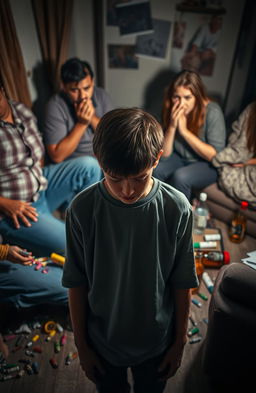 A high school boy standing in the foreground, looking distressed and overwhelmed, with a chaotic scene unfolding behind him