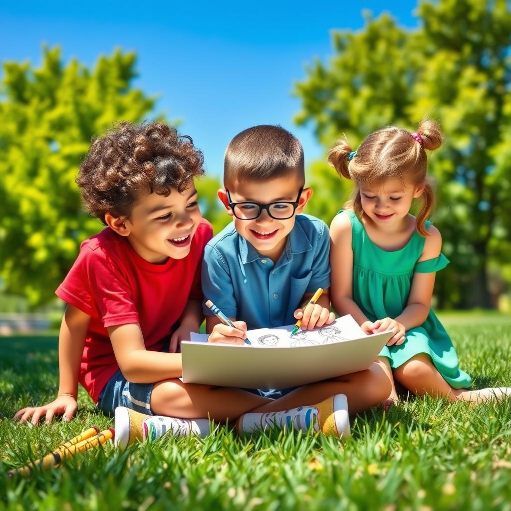 A heartwarming scene depicting a young boy joyfully drawing three of his friends in a sunny outdoor setting