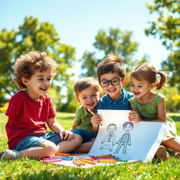 A heartwarming scene depicting a young boy joyfully drawing three of his friends in a sunny outdoor setting