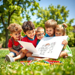 A heartwarming scene depicting a young boy joyfully drawing three of his friends in a sunny outdoor setting