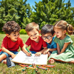A heartwarming scene depicting a young boy joyfully drawing three of his friends in a sunny outdoor setting