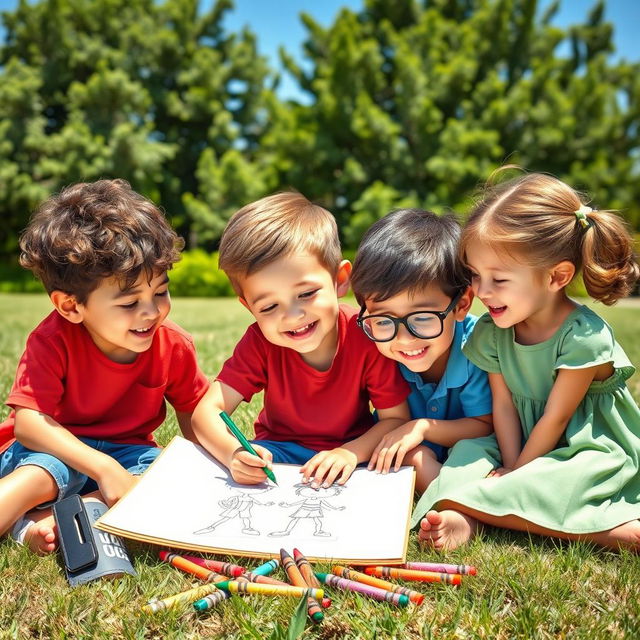 A heartwarming scene depicting a young boy joyfully drawing three of his friends in a sunny outdoor setting