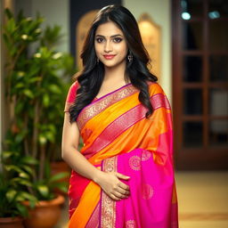 A stunning young woman wearing a traditional saree, gracefully draping the vibrant fabric around her body, with intricate patterns and bright colors