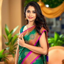 A stunning young woman wearing a traditional saree, gracefully draping the vibrant fabric around her body, with intricate patterns and bright colors