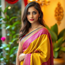 A stunning young woman wearing a traditional saree, gracefully draping the vibrant fabric around her body, with intricate patterns and bright colors