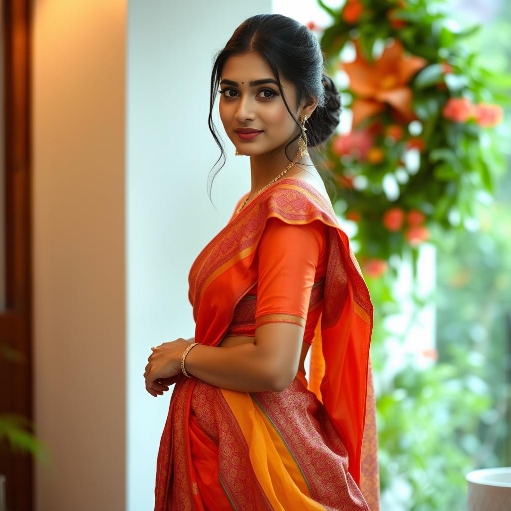 A stunning young woman wearing a traditional saree, gracefully draping the vibrant fabric around her body, with intricate patterns and bright colors