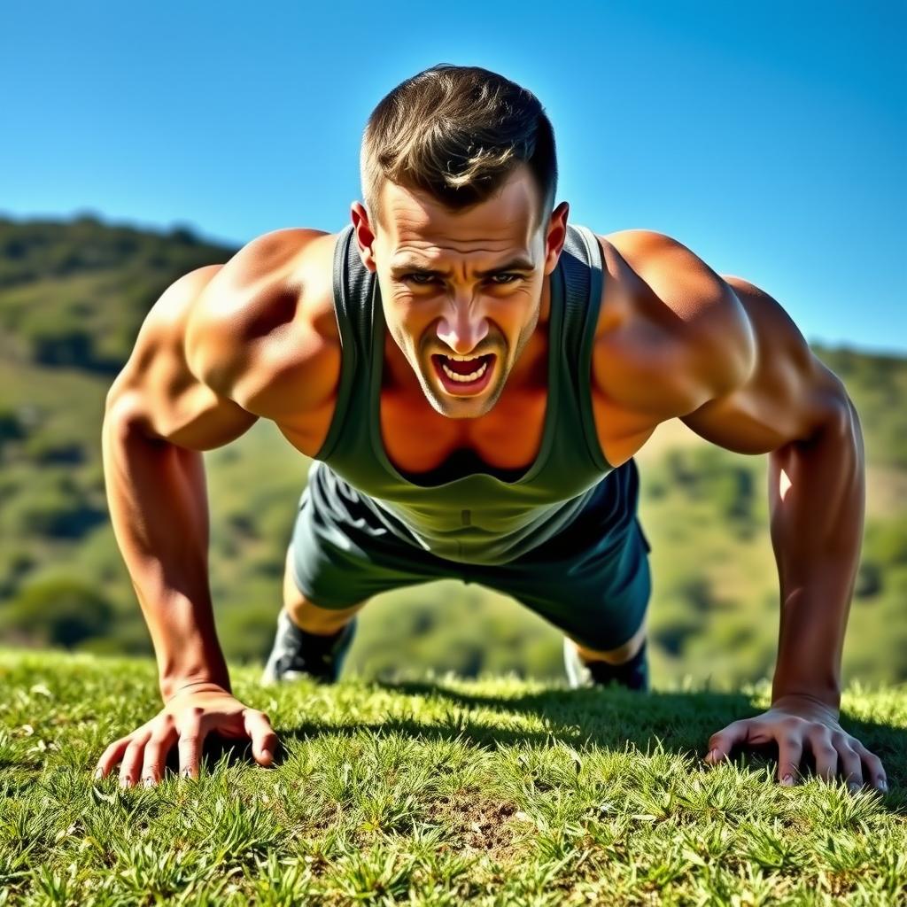 A vibrant, dynamic scene of a fit and muscular man engaging in an intense outdoor workout