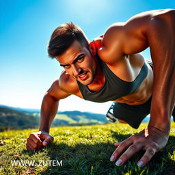 A vibrant, dynamic scene of a fit and muscular man engaging in an intense outdoor workout