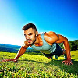 A vibrant, dynamic scene of a fit and muscular man engaging in an intense outdoor workout