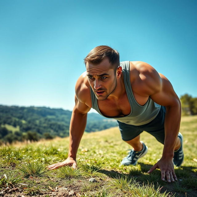 A vibrant, dynamic scene of a fit and muscular man engaging in an intense outdoor workout