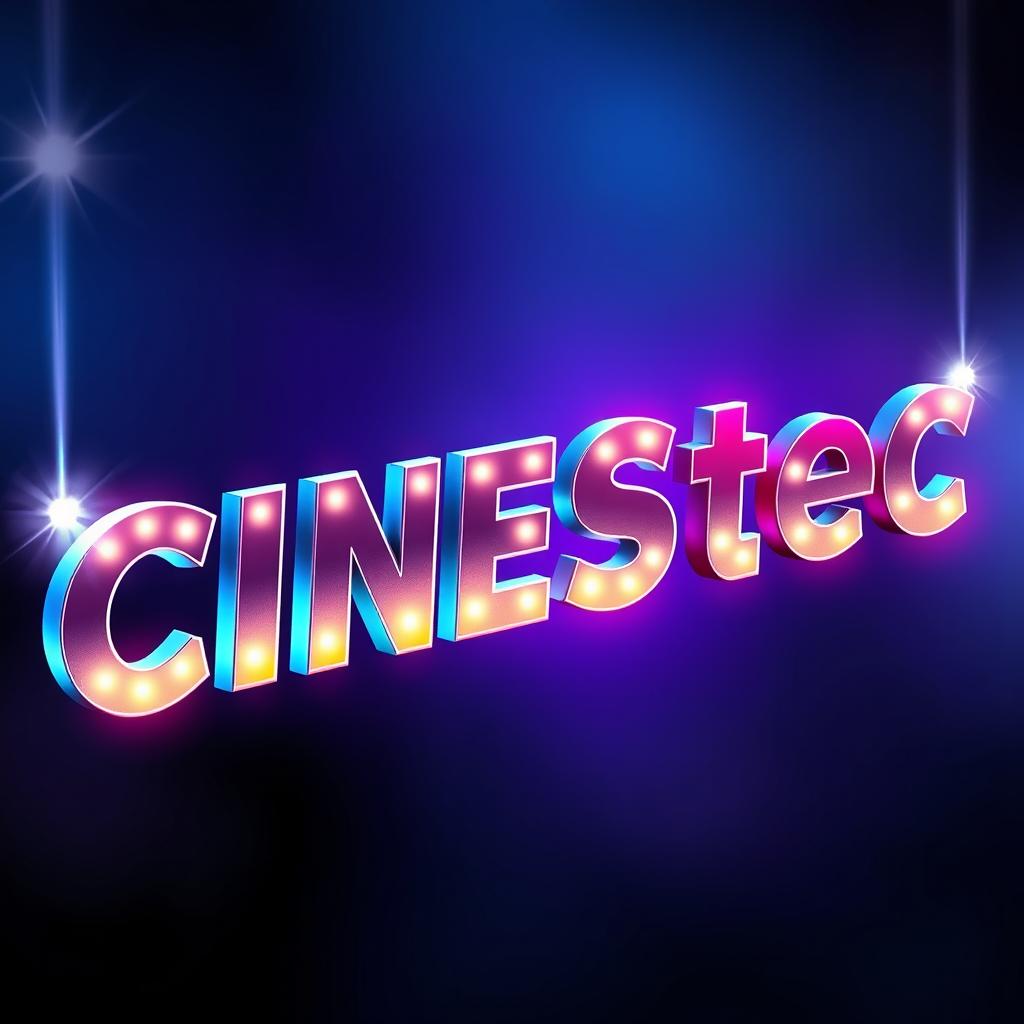 An artistic representation of the word 'CINEStec' in bold, vibrant letters illuminated by flashing lights at each corner