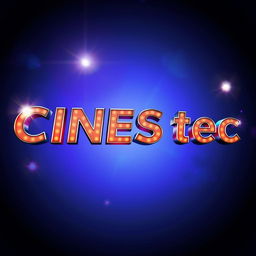 An artistic representation of the word 'CINEStec' in bold, vibrant letters illuminated by flashing lights at each corner