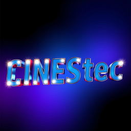 An artistic representation of the word 'CINEStec' in bold, vibrant letters illuminated by flashing lights at each corner