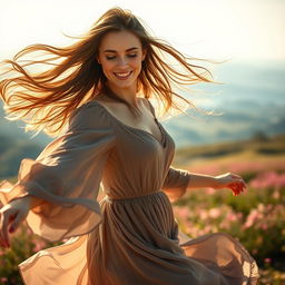 A stunningly beautiful woman with flowing hair, dancing gracefully in the wind