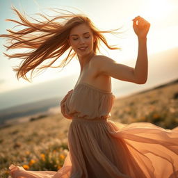 A stunningly beautiful woman with flowing hair, dancing gracefully in the wind