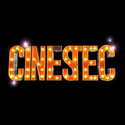 An artistic representation of the word 'CINEStec' in bold, vibrant letters illuminated by flashing lights at each corner