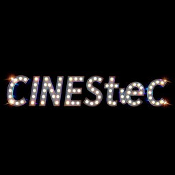 An artistic representation of the word 'CINEStec' in bold, vibrant letters illuminated by flashing lights at each corner