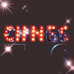 An artistic representation of the word 'CINEStec' in bold, vibrant letters illuminated by flashing lights at each corner