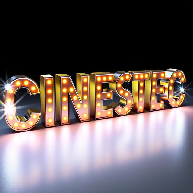 An artistic representation of the word 'CINEStec' in bold, vibrant letters illuminated by flashing lights at each corner