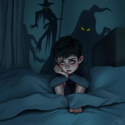 A scene depicting a young boy with a look of despair on his face, sitting on the edge of his bed, surrounded by shadows that hint at a restless night filled with nightmares