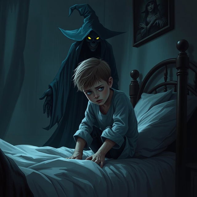 A scene depicting a young boy with a look of despair on his face, sitting on the edge of his bed, surrounded by shadows that hint at a restless night filled with nightmares