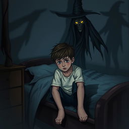 A scene depicting a young boy with a look of despair on his face, sitting on the edge of his bed, surrounded by shadows that hint at a restless night filled with nightmares