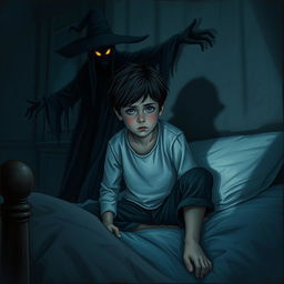 A scene depicting a young boy with a look of despair on his face, sitting on the edge of his bed, surrounded by shadows that hint at a restless night filled with nightmares