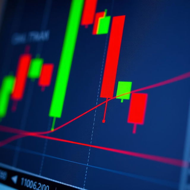 A detailed close-up of a doji candlestick on a financial trading chart, showcasing the thin line of the candlestick with equal open and close prices, set against a backdrop of colorful candlestick patterns