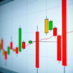 A detailed close-up of a doji candlestick on a financial trading chart, showcasing the thin line of the candlestick with equal open and close prices, set against a backdrop of colorful candlestick patterns