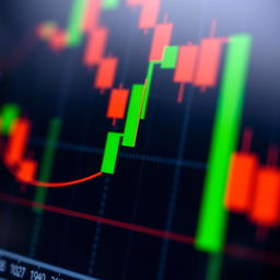 A detailed close-up of a doji candlestick on a financial trading chart, showcasing the thin line of the candlestick with equal open and close prices, set against a backdrop of colorful candlestick patterns