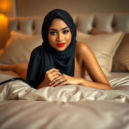 A beautiful woman wearing a stylish hijab, resting on a plush bed with luxurious linens