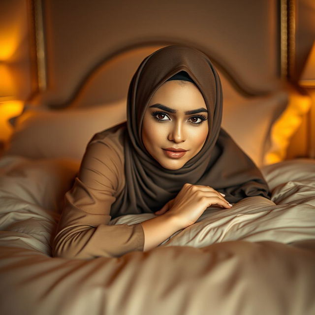 A beautiful woman wearing a stylish hijab, resting on a plush bed with luxurious linens