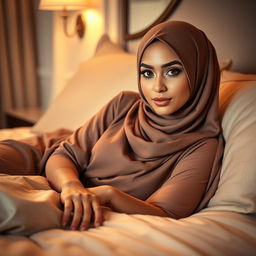 A beautiful woman wearing a stylish hijab, resting on a plush bed with luxurious linens