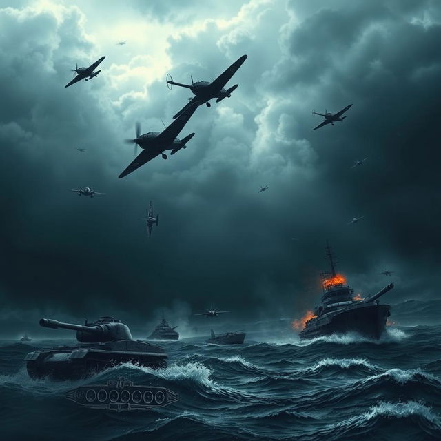 A dark and moody mobile background depicting a World War theme, featuring a variety of military elements including detailed tanks, powerful warplanes soaring through the clouds, and imposing warships navigating turbulent seas