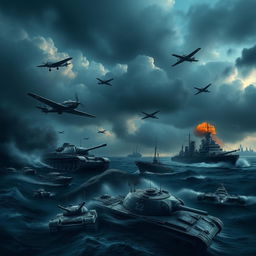 A dark and moody mobile background depicting a World War theme, featuring a variety of military elements including detailed tanks, powerful warplanes soaring through the clouds, and imposing warships navigating turbulent seas