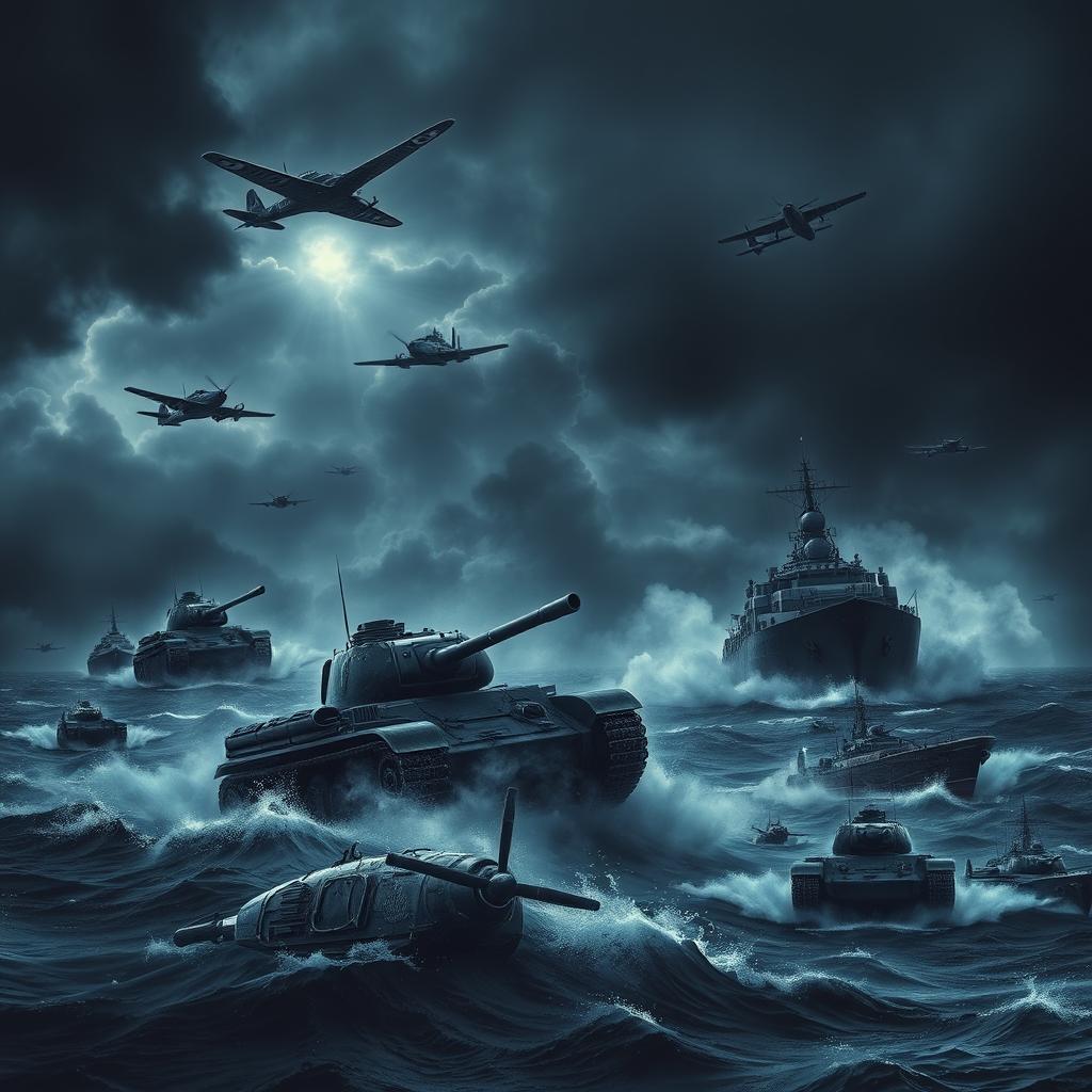 A dark and moody mobile background depicting a World War theme, featuring a variety of military elements including detailed tanks, powerful warplanes soaring through the clouds, and imposing warships navigating turbulent seas