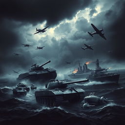 A dark and moody mobile background depicting a World War theme, featuring a variety of military elements including detailed tanks, powerful warplanes soaring through the clouds, and imposing warships navigating turbulent seas