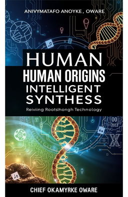 A visually striking front book cover for the title "Human Origins Intelligent Synthesis: Reviving Roots Through Technology" by CHIEF OKASAMAFO ANOYKE OWARE