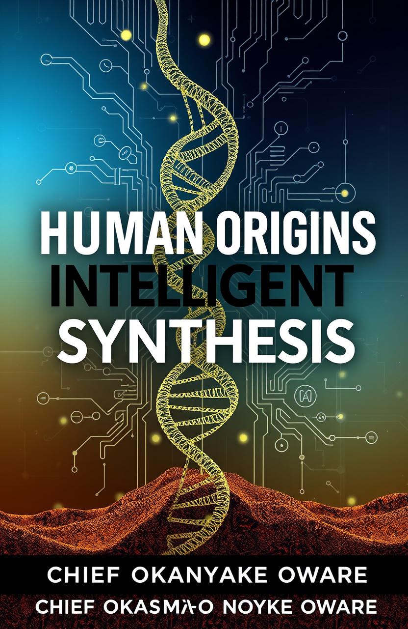 A visually striking front book cover for the title "Human Origins Intelligent Synthesis: Reviving Roots Through Technology" by CHIEF OKASAMAFO ANOYKE OWARE