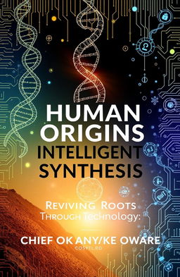 A visually striking front book cover for the title "Human Origins Intelligent Synthesis: Reviving Roots Through Technology" by CHIEF OKASAMAFO ANOYKE OWARE